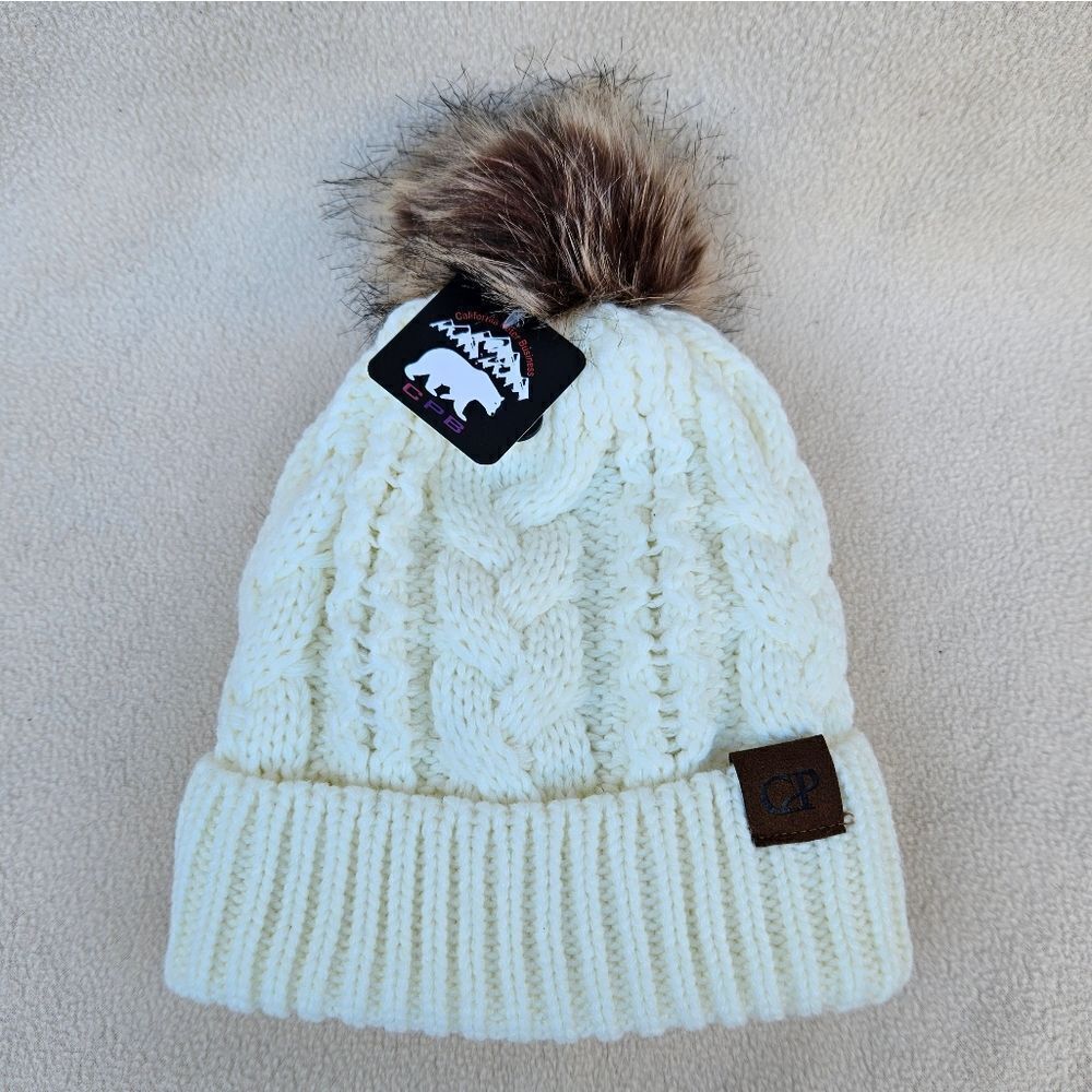 CPB White Chunky Knit Cuffed Beanie with Faux Fur Pom Pom and Faux Fur Lining
